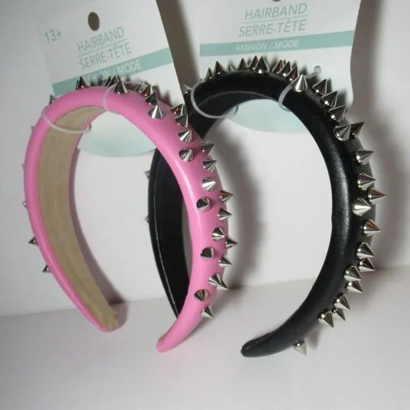 1 Black & 1 Pink Pleather Studded Spiked Headband Punk Alternative Goth Emo New - Picture 14 of 14